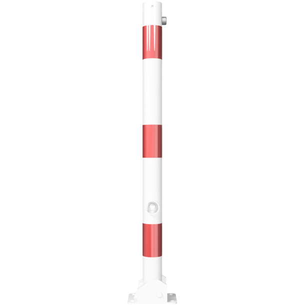 Barrier posts | Steel tube  60 x 2,5 mm | foldable | with triangular locking mechanism | to be fixed by plugswith base plate 100 x 150 mm | hot-dip galvanized and white coatedwith three red reflecting stripes | with 1 eyelet